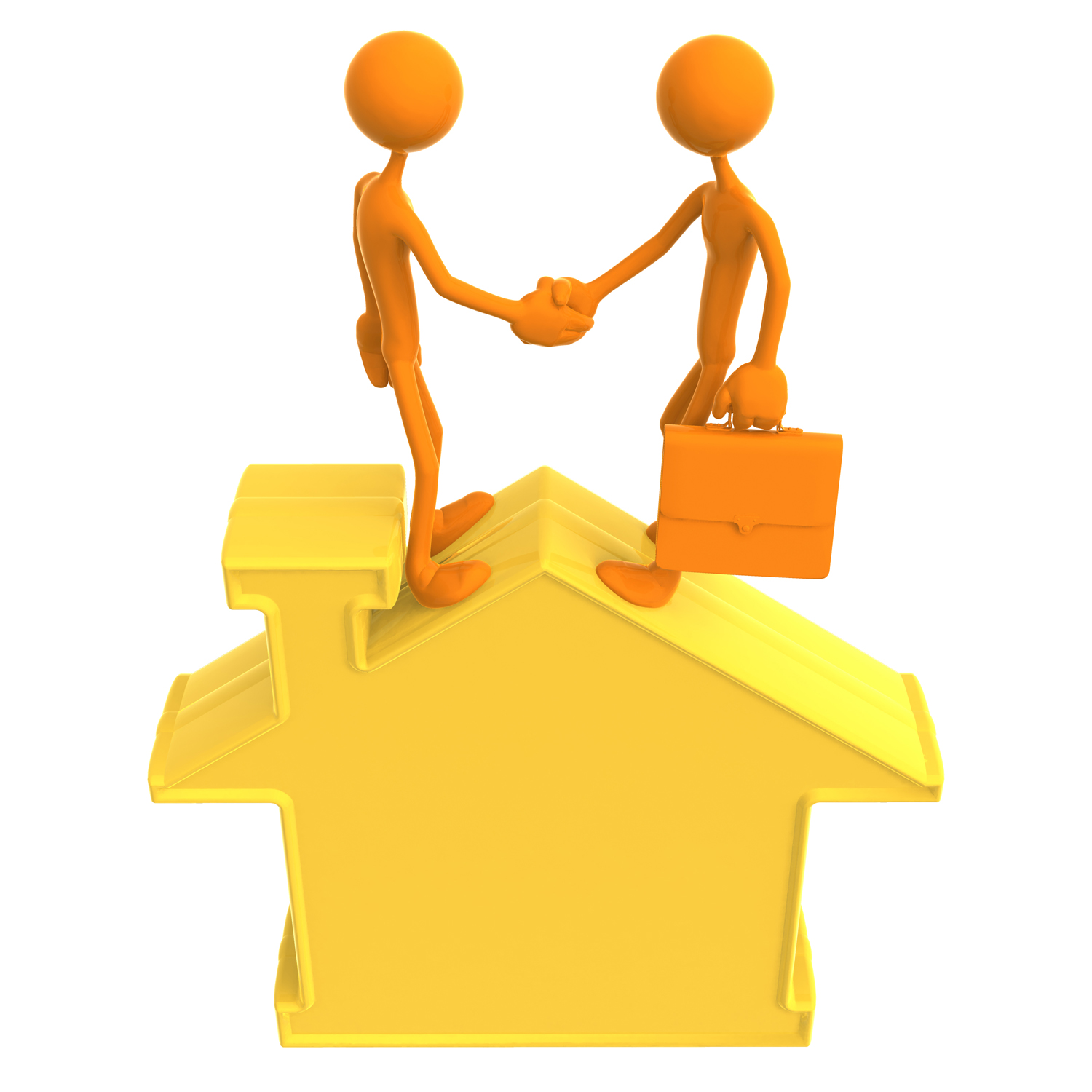 two stick figures shaking hands on top of a house